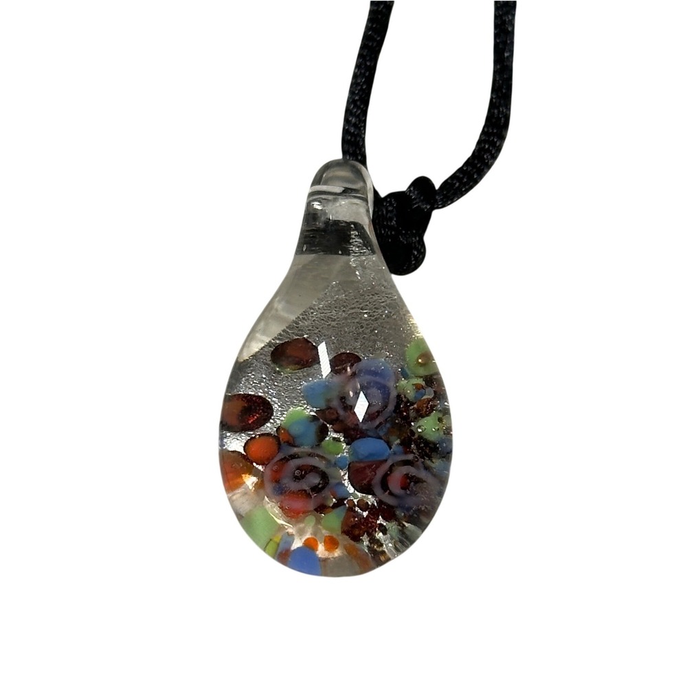 Art Glass Millefiori Teardrop Pendant Necklace Silver Foil Multicolor Lampwork